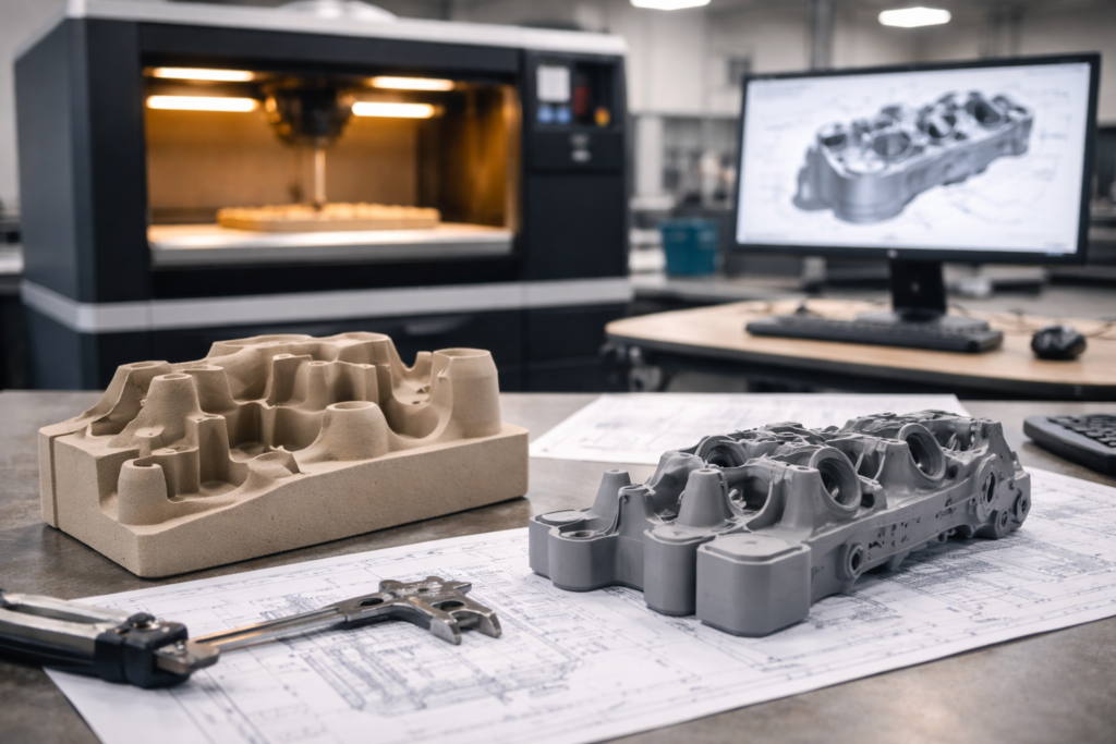 3D printing of sand cores, metal parts and foundry rigging
