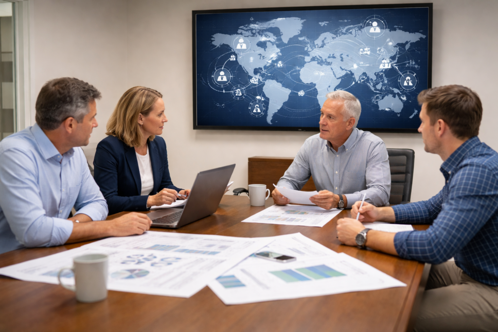 Business development meeting for market entry and growth