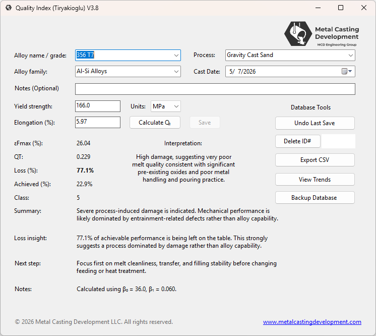 Main screen view of the QT Quality Index calculator app